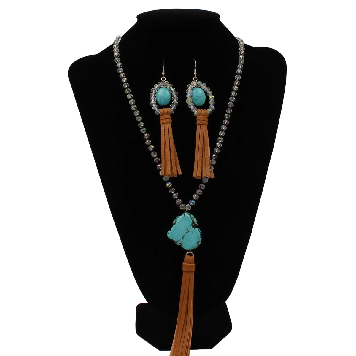 Silver Strike Ladies Clear Bead & Turquoise Pendant Tassel Jewelry Set D4500250