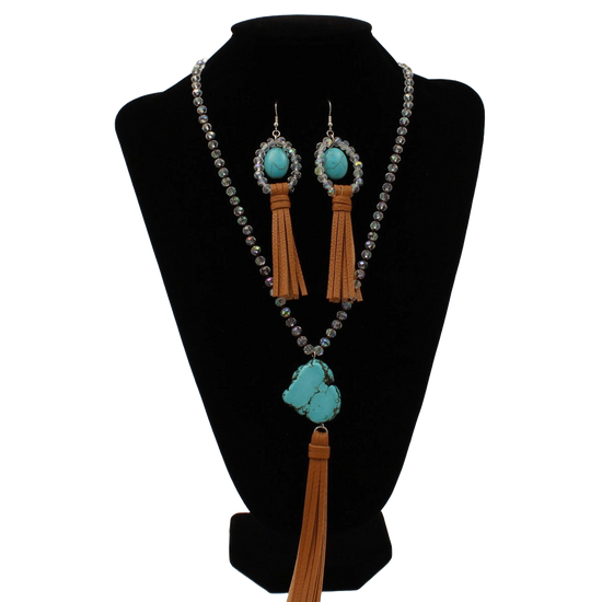 Silver Strike Ladies Clear Bead & Turquoise Pendant Tassel Jewelry Set D4500250