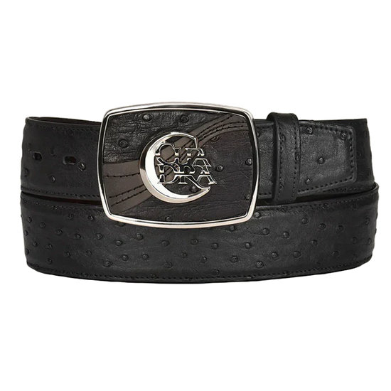 Cuadra Men's Engraved Ostrich Black Leather Western Belt BC306