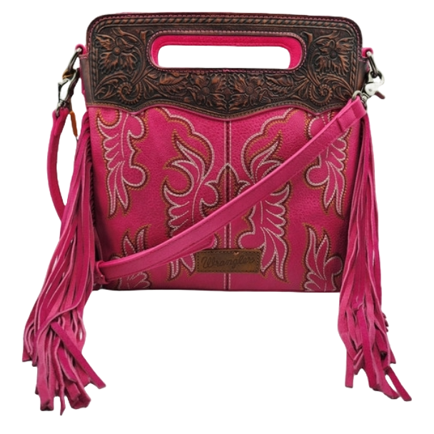Wrangler Ladies Western Tooled Fringe Hot Pink Crossbody Bag WG110-G2010HPK