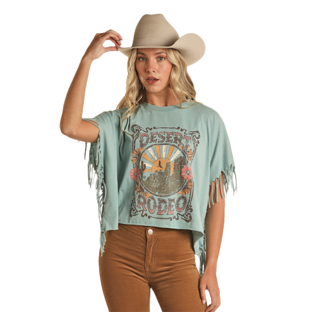Rock & Roll Denim Ladies Desert Rodeo Fringe Sky Blue T-Shirt BW21T02064