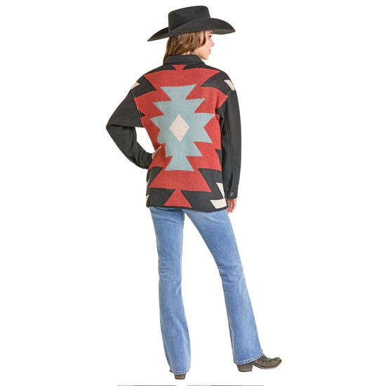 Rock & Roll Ladies Aztec Knitted Black Western Shacket BW92C07012-01