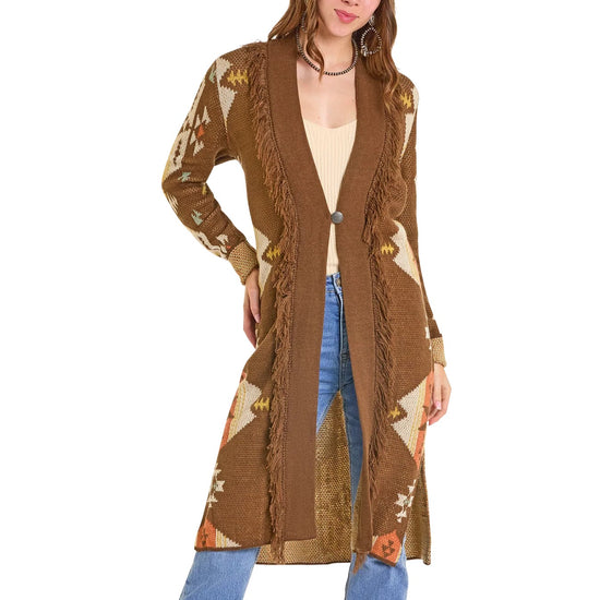 Rock & Roll Ladies Brown Aztec Knit Fringe Duster BW95T06975