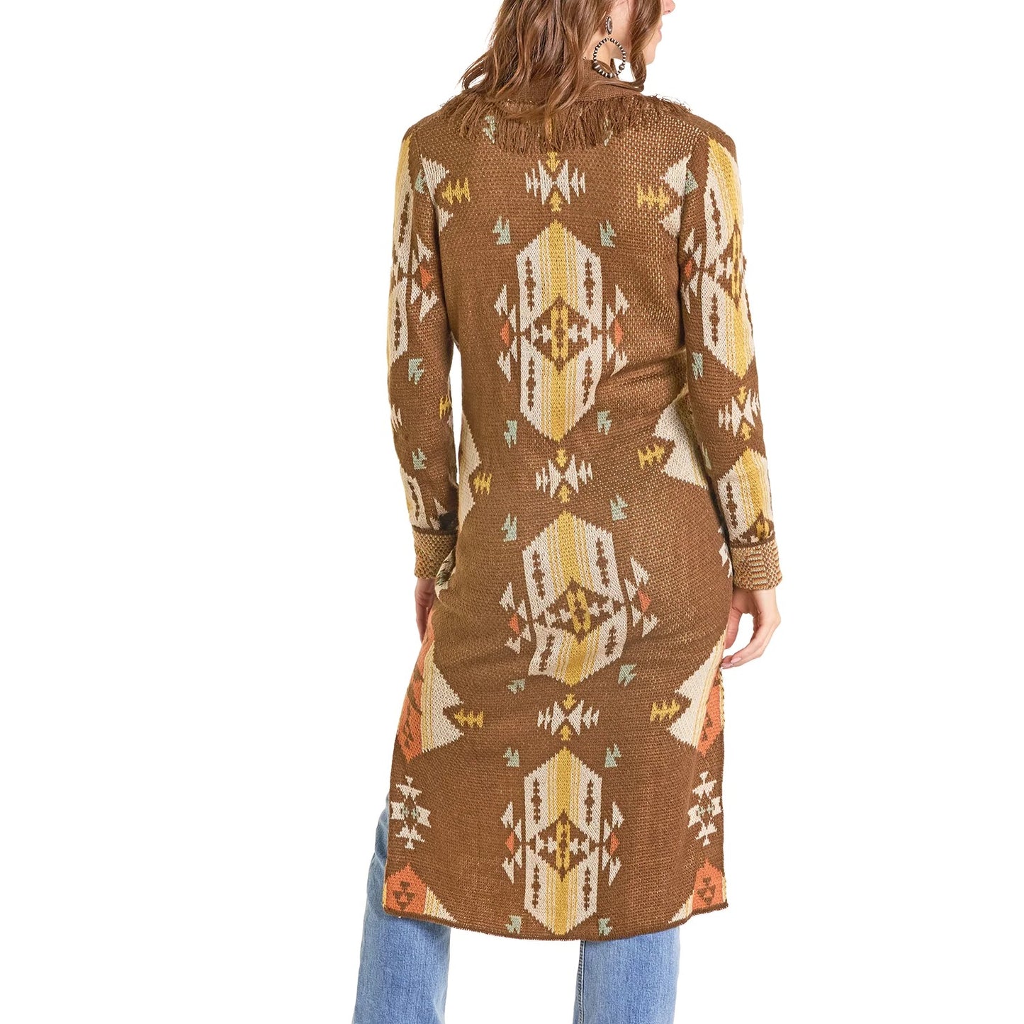 Rock & Roll Ladies Brown Aztec Knit Fringe Duster BW95T06975