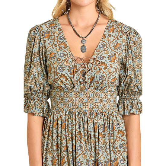 Rock & Roll Denim Ladies Smocked Jade Green Mini Dress BWD1R06957