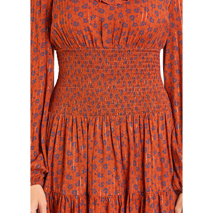 Rock & Roll Denim Ladies Smocked Floral Western Rust Mini Dress BWD2R04467