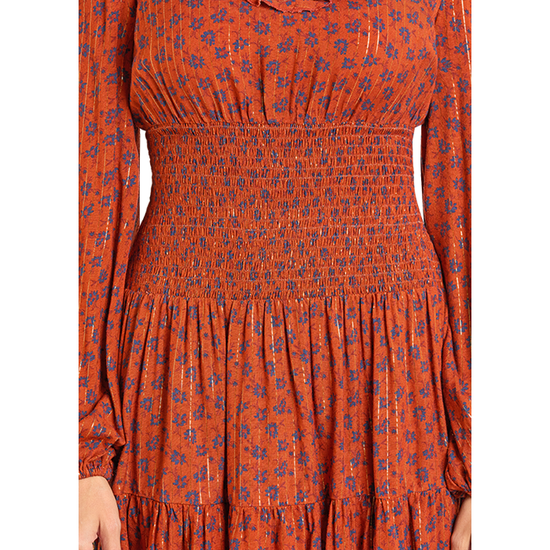 Rock & Roll Denim Ladies Smocked Floral Western Rust Mini Dress BWD2R04467