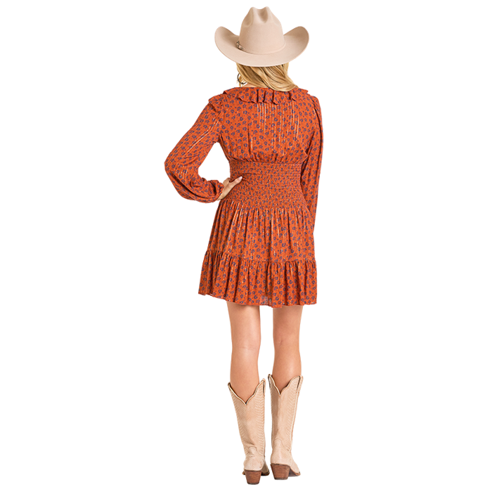 Rock & Roll Denim Ladies Smocked Floral Western Rust Mini Dress BWD2R04467