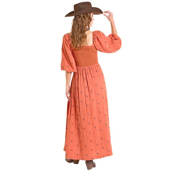 Rock & Roll Denim Ladies Floral Embroidered Rust Western Maxi Dress BWD2R06980
