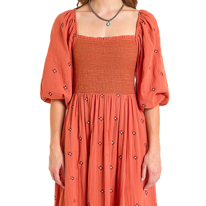 western embroidered dress Rock & Roll Denim Terracotta Embroidered Maxi Dress S