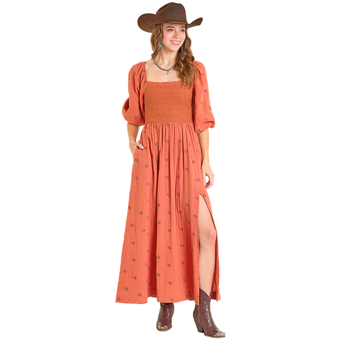 Rock & Roll Denim Ladies Floral Embroidered Rust Western Maxi Dress BWD2R06980