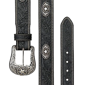 Justin Men's 5 Star Ranch Black Floral Tooled Leather Belt C12423