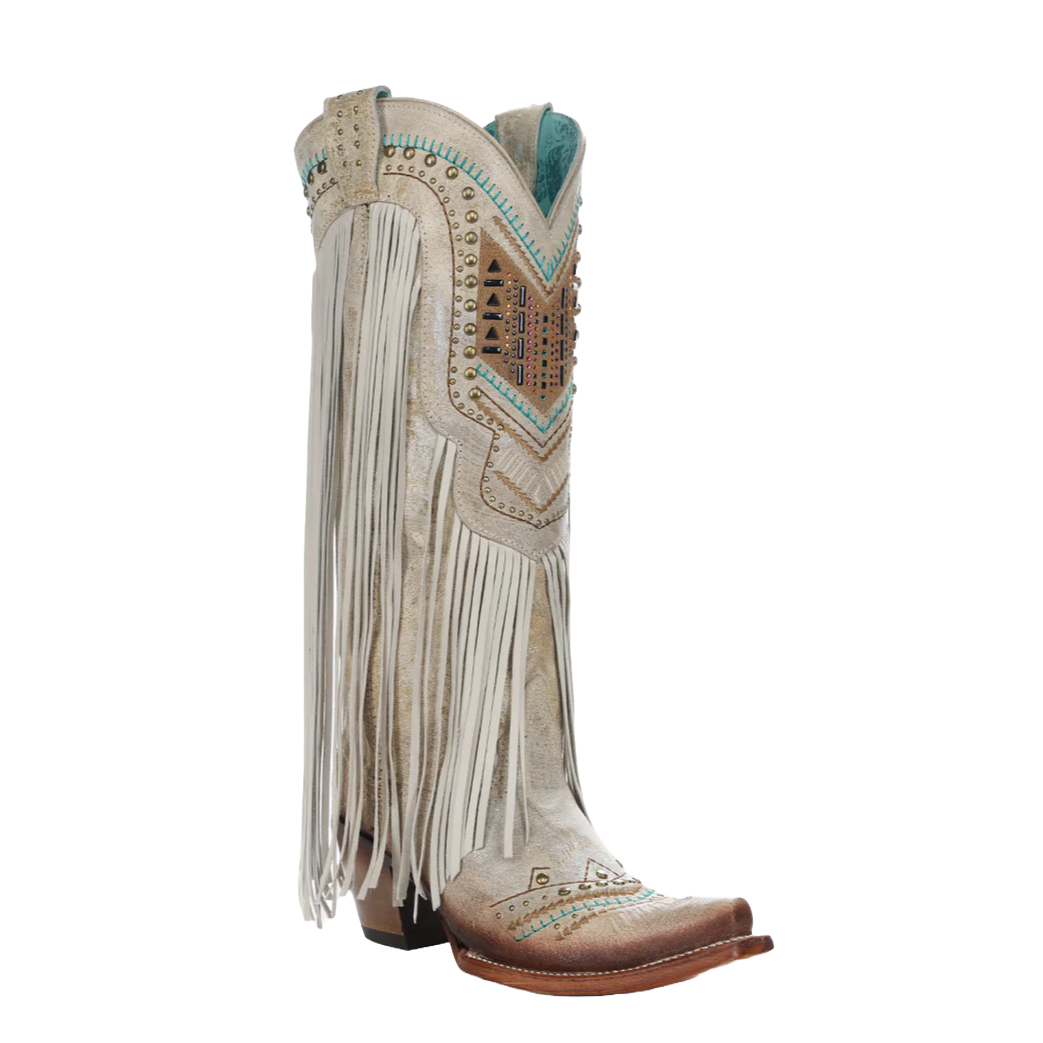 Corral Ladies Bone Multicolor Crystal and Fringe Snip Toe Boots C3424