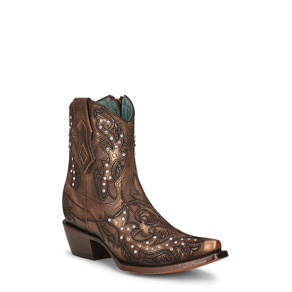 Corral Ladies Bronze Embroidery & Crystals Snip Toe Ankle Boots C3922