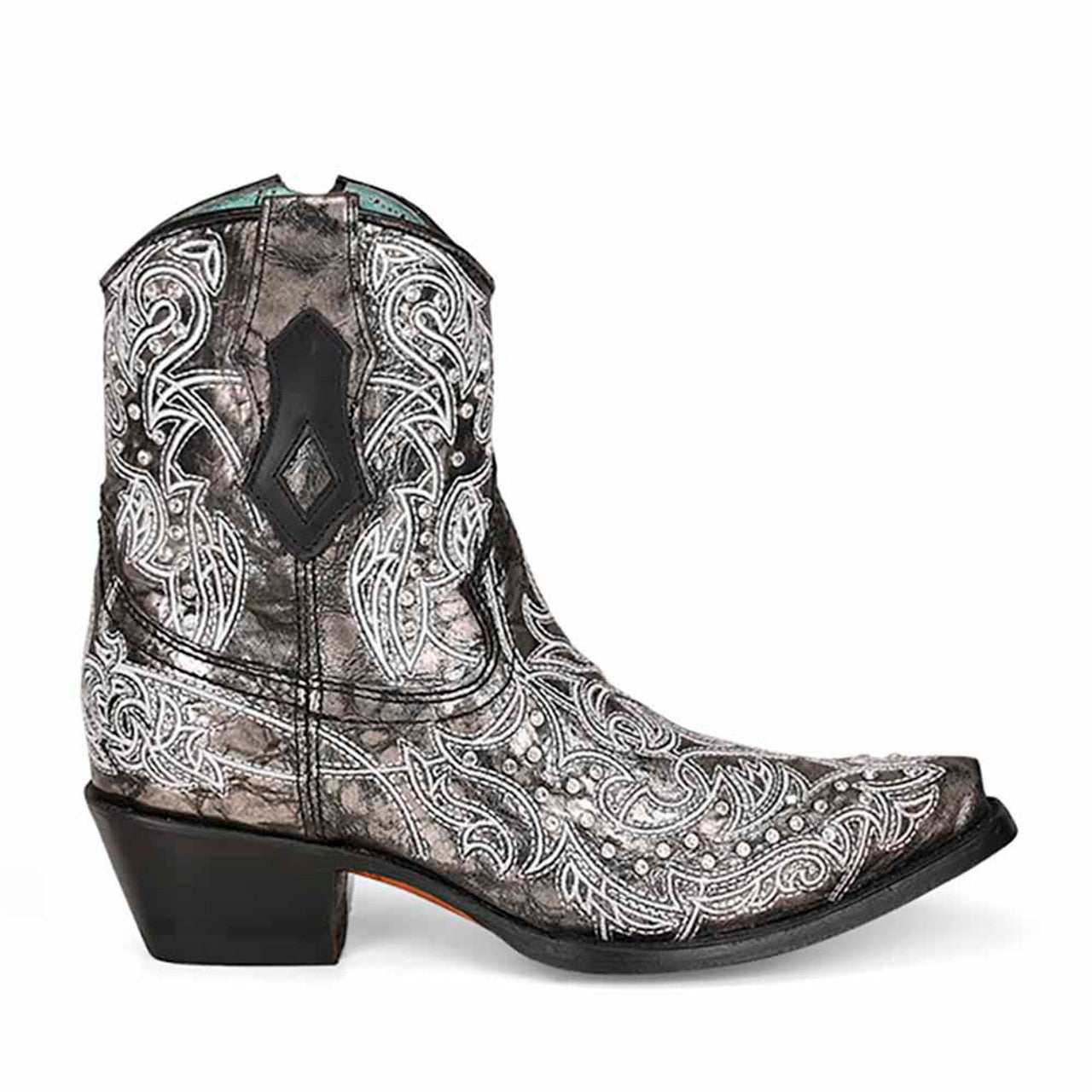 Corral Ladies Black w/ White Embroidery & Crystals Ankle Boots C3923