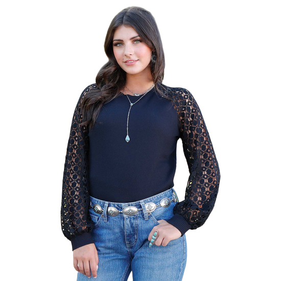 Cinch Ladies Black Ribbed Laser Cut Raglan Blouse Shirt CTK7493002