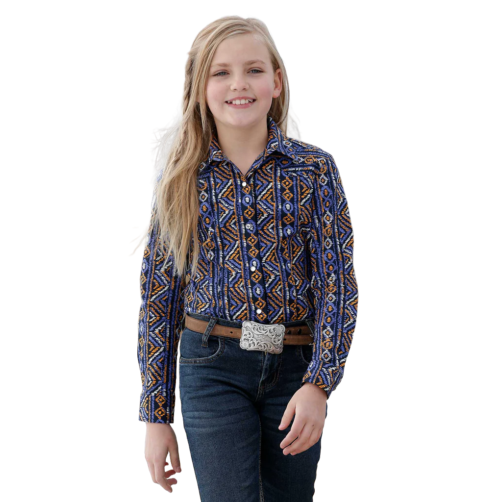 Cruel Denim Girl's Aztec Print Navy Western Snap Shirt CTW8040003
