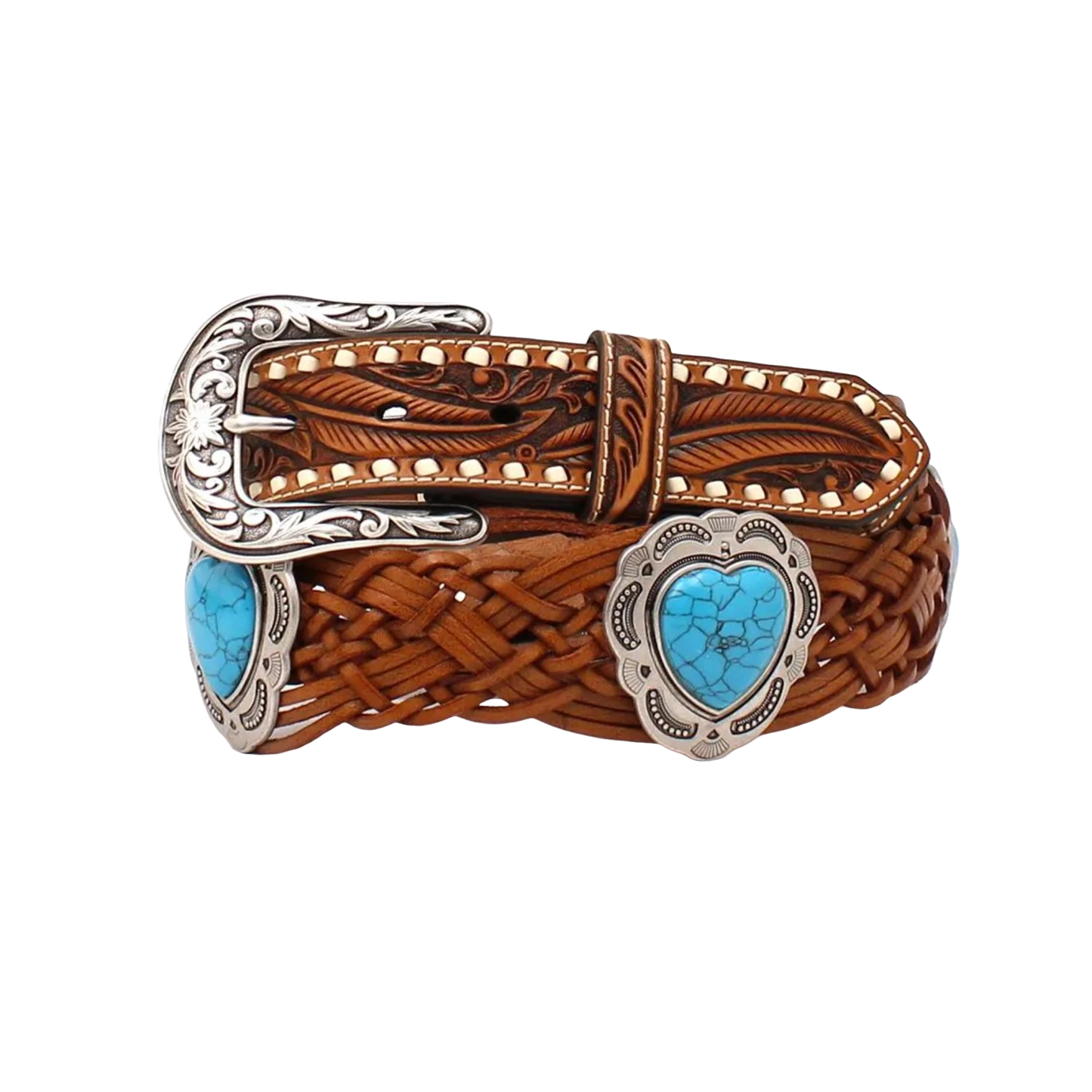 Angel Ranch Ladies Tooled Tabs Braided Heart Concho Tan Belt D140002408