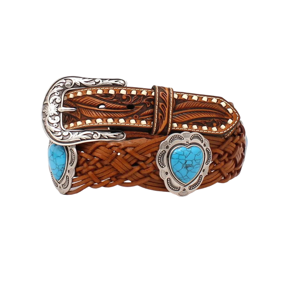 Angel Ranch Ladies Tooled Tabs Braided Heart Concho Tan Belt D140002408