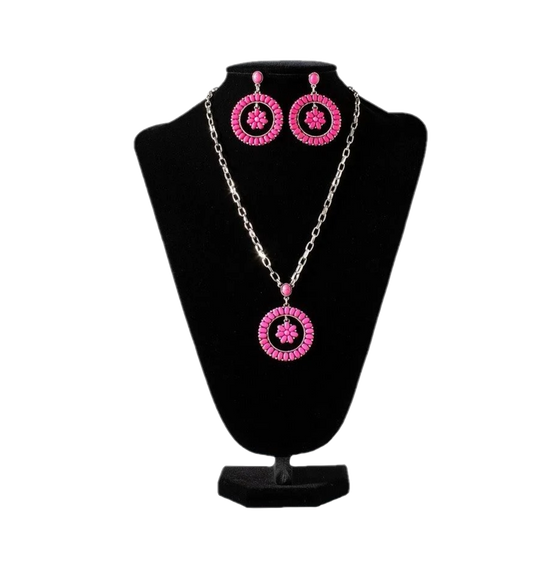 Silver Strike Ladies Beaded Circle Hot Pink Jewelry Set D450022129