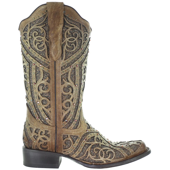 Corral Ladies Straw Brown Studded Boot w/ Bronze & Black Laser Inlay E1623