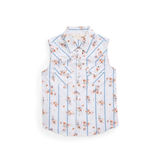 Ely Cattleman Youth Girl's Floral Striped White Sleeveless Shirt E5S525002-WH