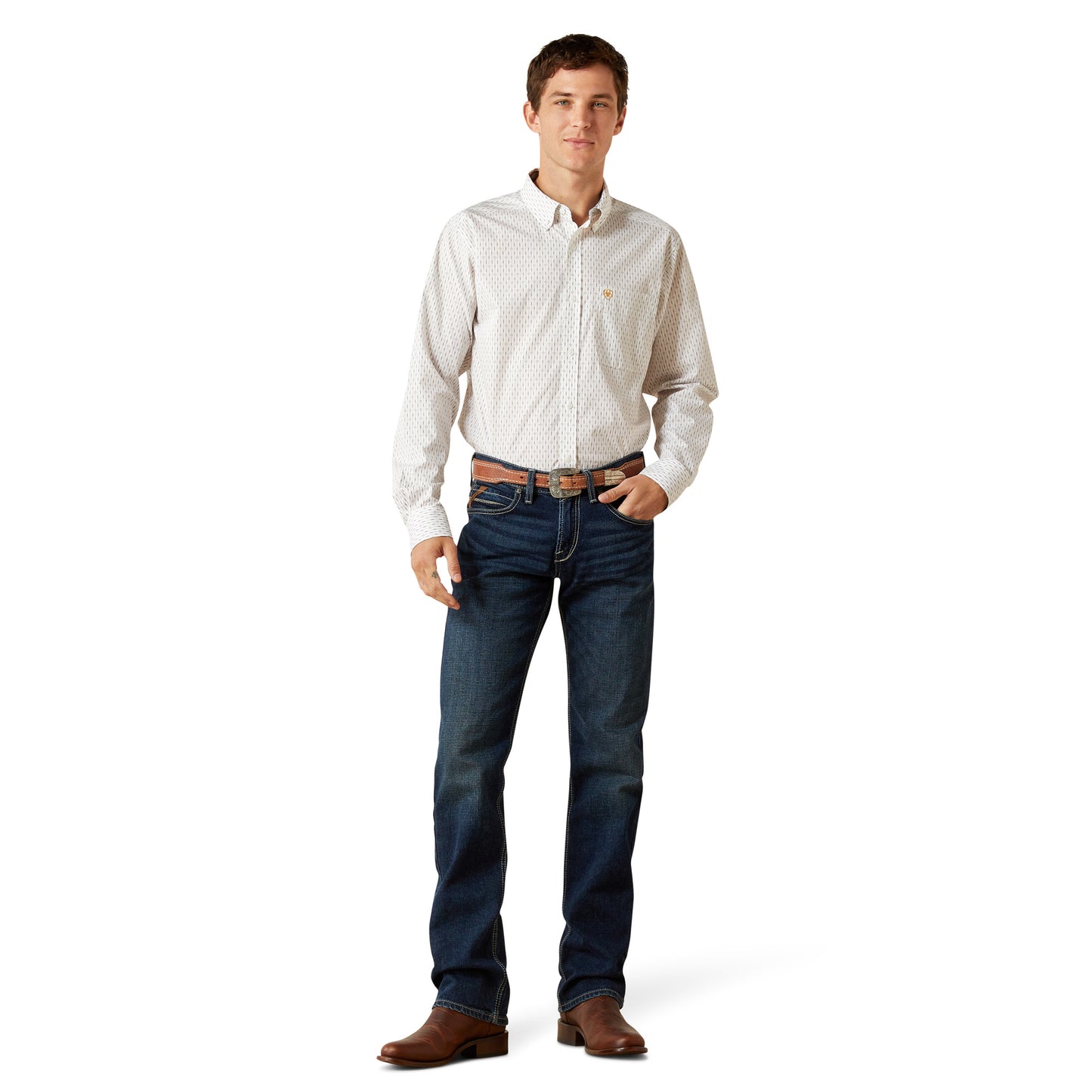 Ariat Men's Wrinkle Free Dewitt Cream Fitted Button Down Shirt 10062201