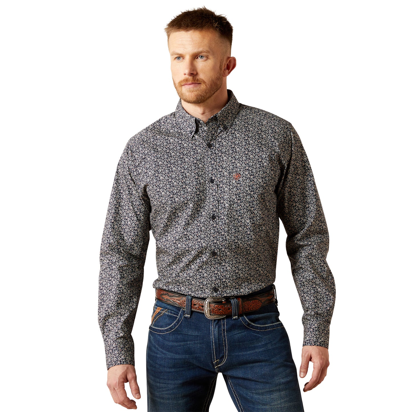 Ariat Men's Fitted Wick Navy Printed Long Sleeve Shirt 10065806