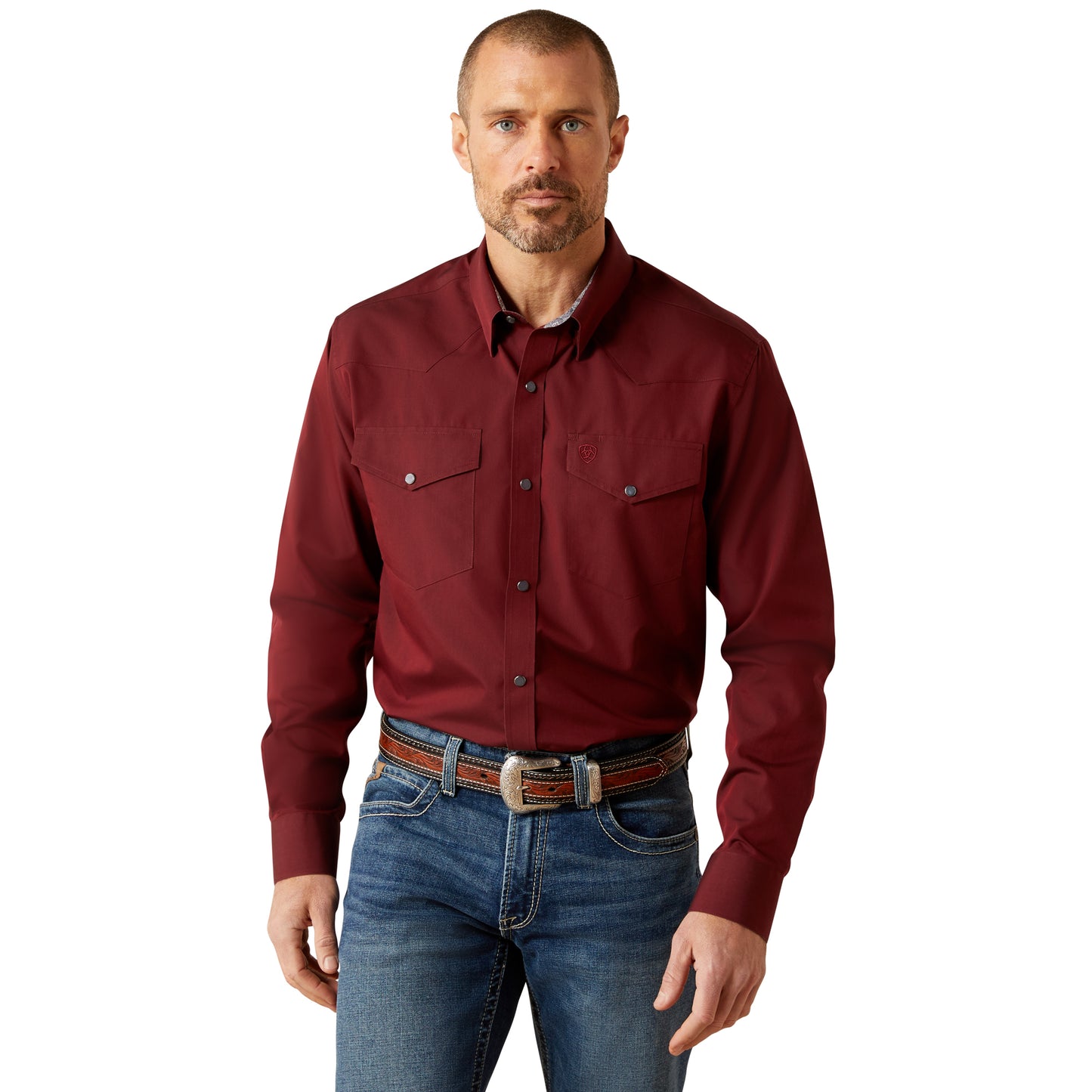Ariat Men's Wrinkle Free Pinpoint Oxford Fitted Burgundy Snap Shirt 10065913