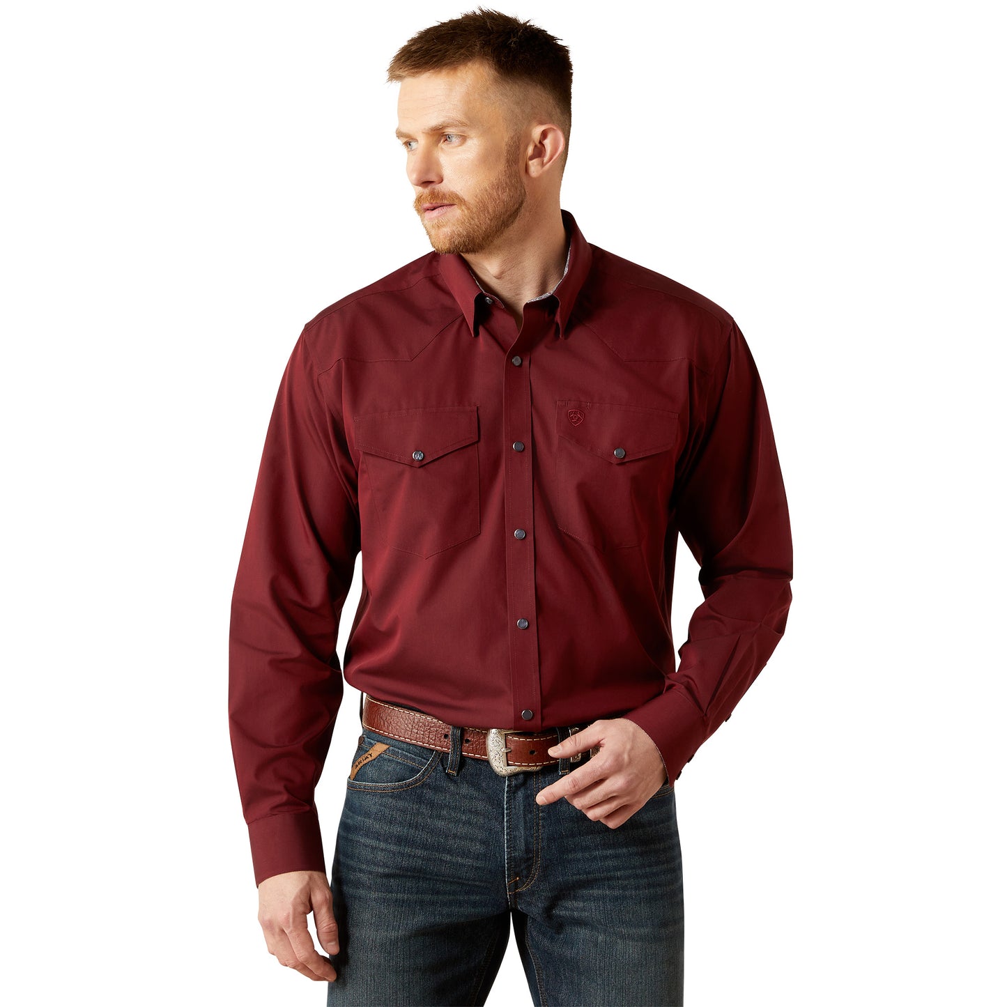 Ariat Men's Wrinkle Free Pinpoint Oxford Classic Fit Burgundy Snap Shirt 10065914
