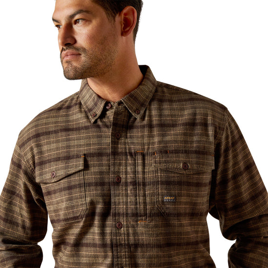 Ariat Men's Rebar Flannel DuraStretch Wren Brown Work Shirt 10062531