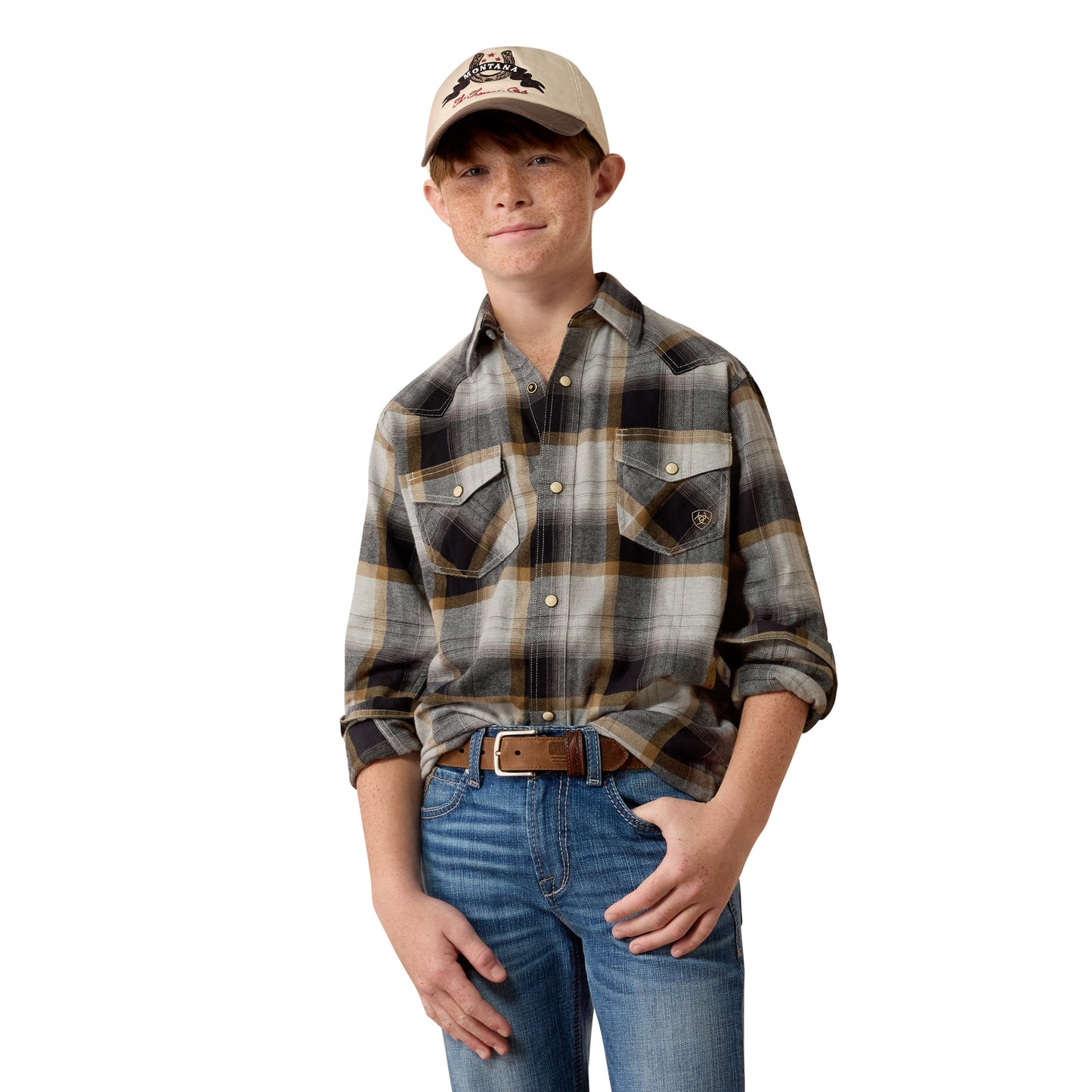 Ariat Youth Boy's Retro Heinz Classic Fit Grey Heather Snap Shirt 10080612