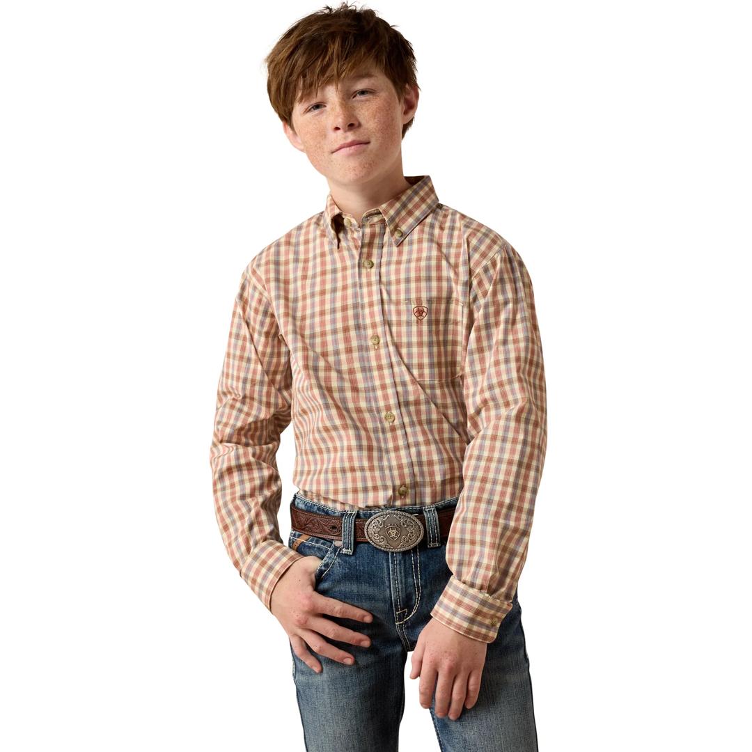 Ariat Youth Boy's Pro Series Dave Classic Fit Vanilla Custard Multi Small Plaid Shirt 10080628 front
