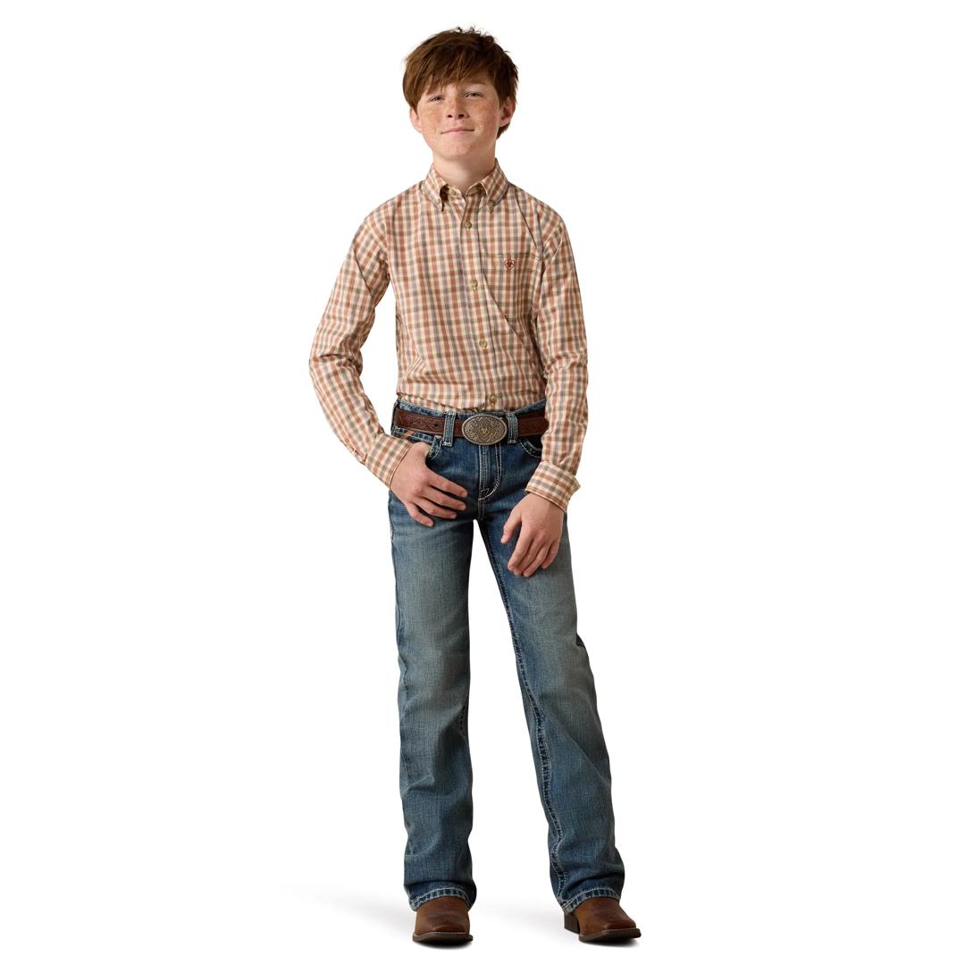 Ariat Youth Boy's Pro Series Dave Classic Fit Vanilla Custard Multi Small Plaid Shirt 10080628 full