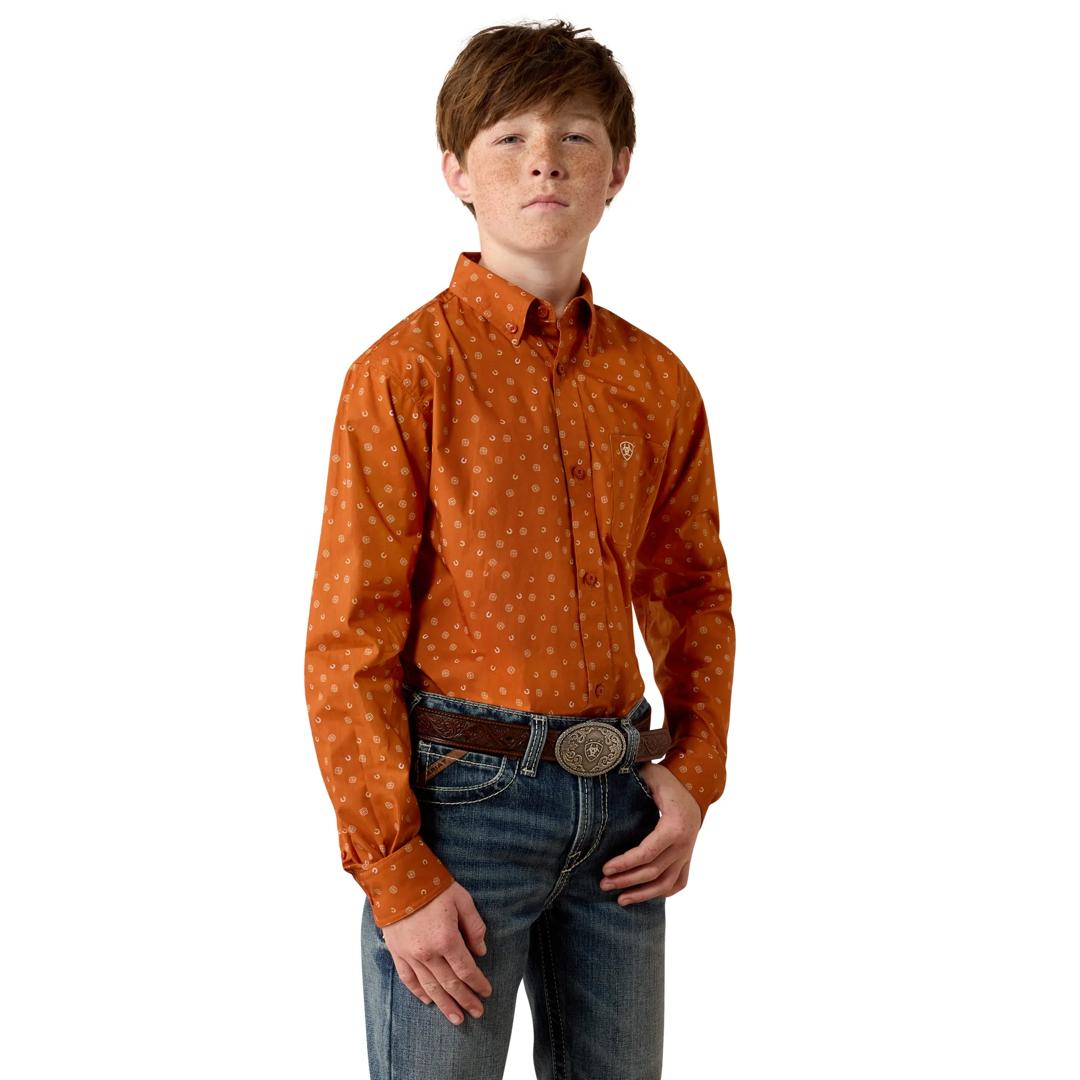 Ariat Youth Boy's Ludwig Classic Fit Bombay Brown Tossed Western Print Shirt 10080740 front