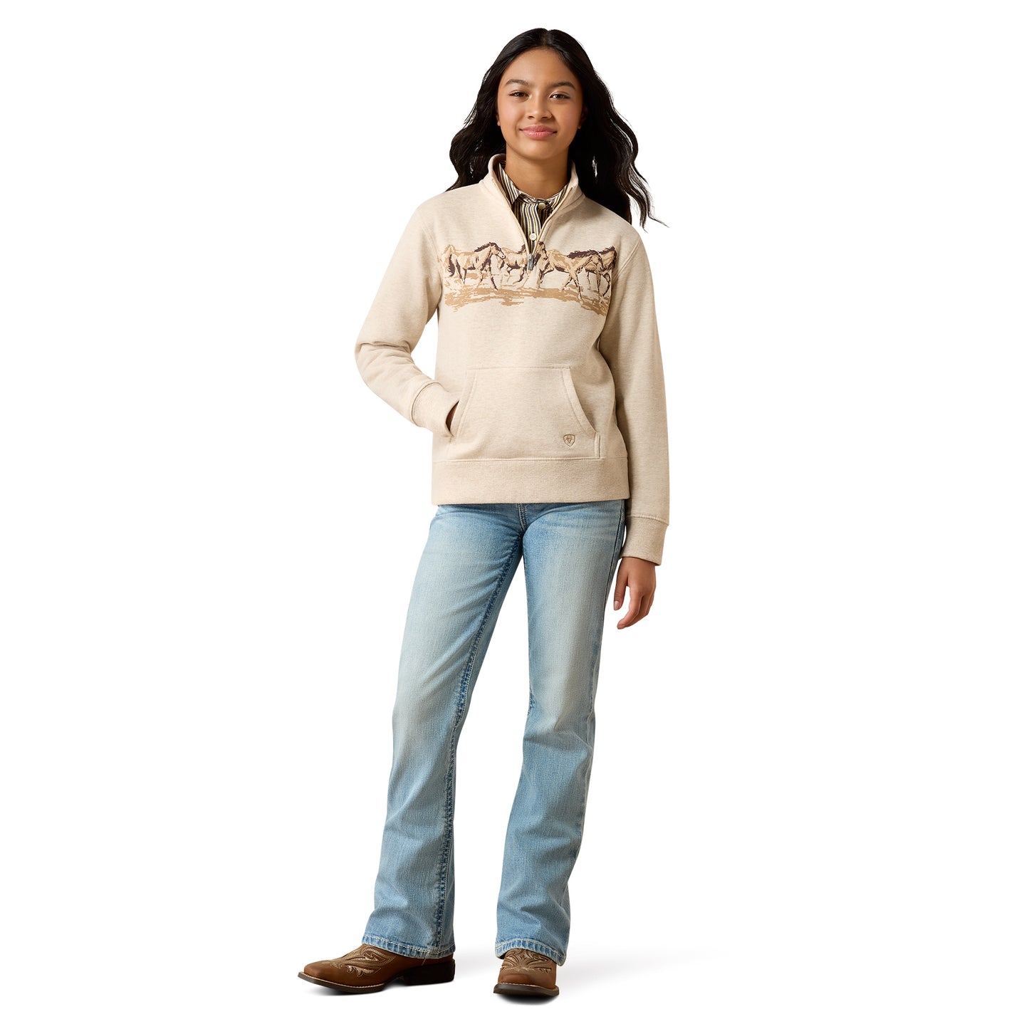 Ariat Youth Girl's Running Wild Oatmeal Heather 1/4 Zip Sweatshirt 10079247