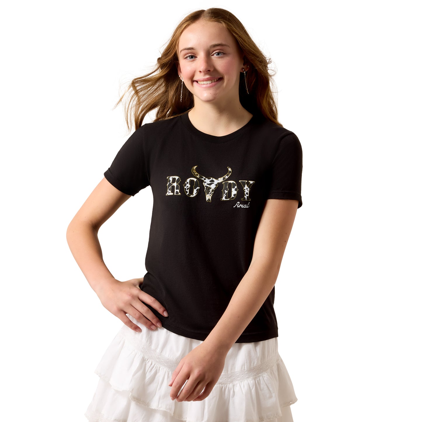 Ariat Youth Girl's Rowdy Cow Skull Black T-Shirt 10083099