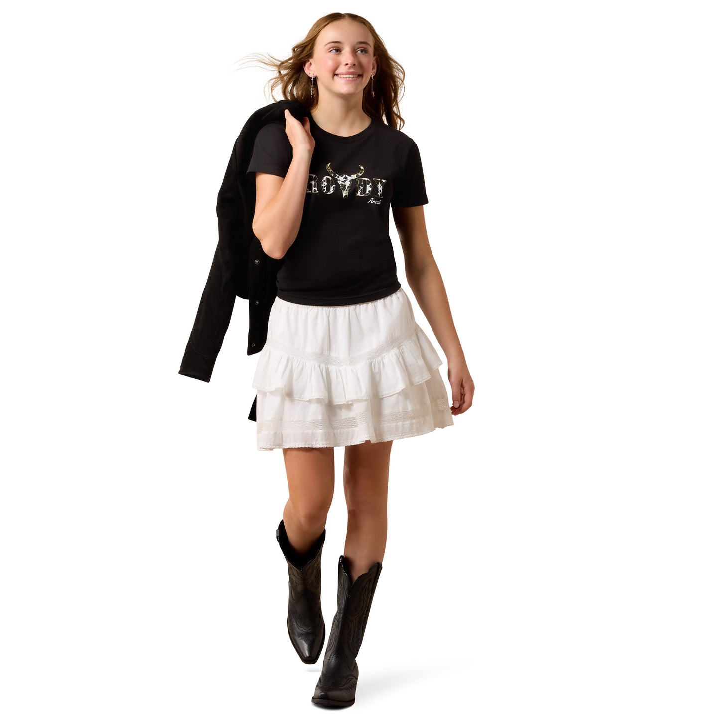 Ariat Youth Girl's Rowdy Cow Skull Black T-Shirt 10083099