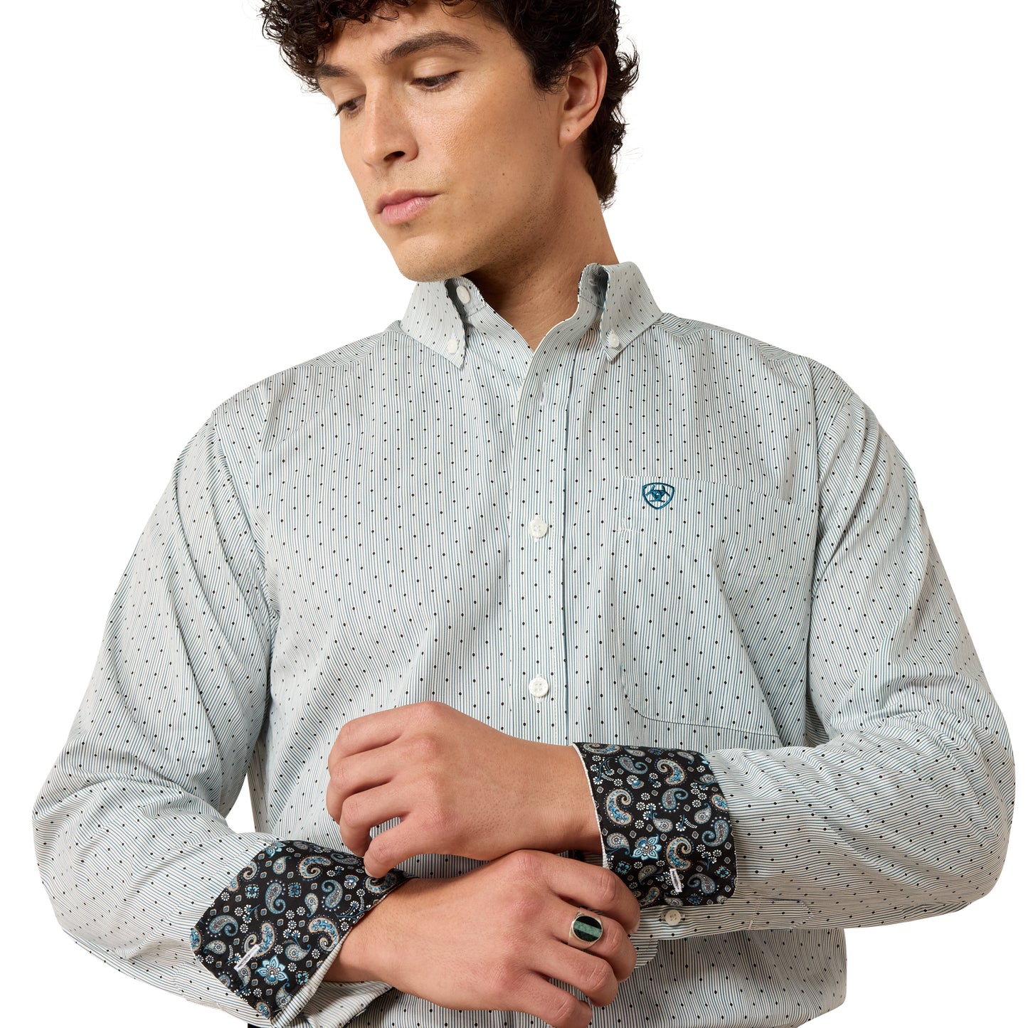 Ariat Men's Wrinkle Free Bryton Off White Dot Print Fitted Shirt 10079263