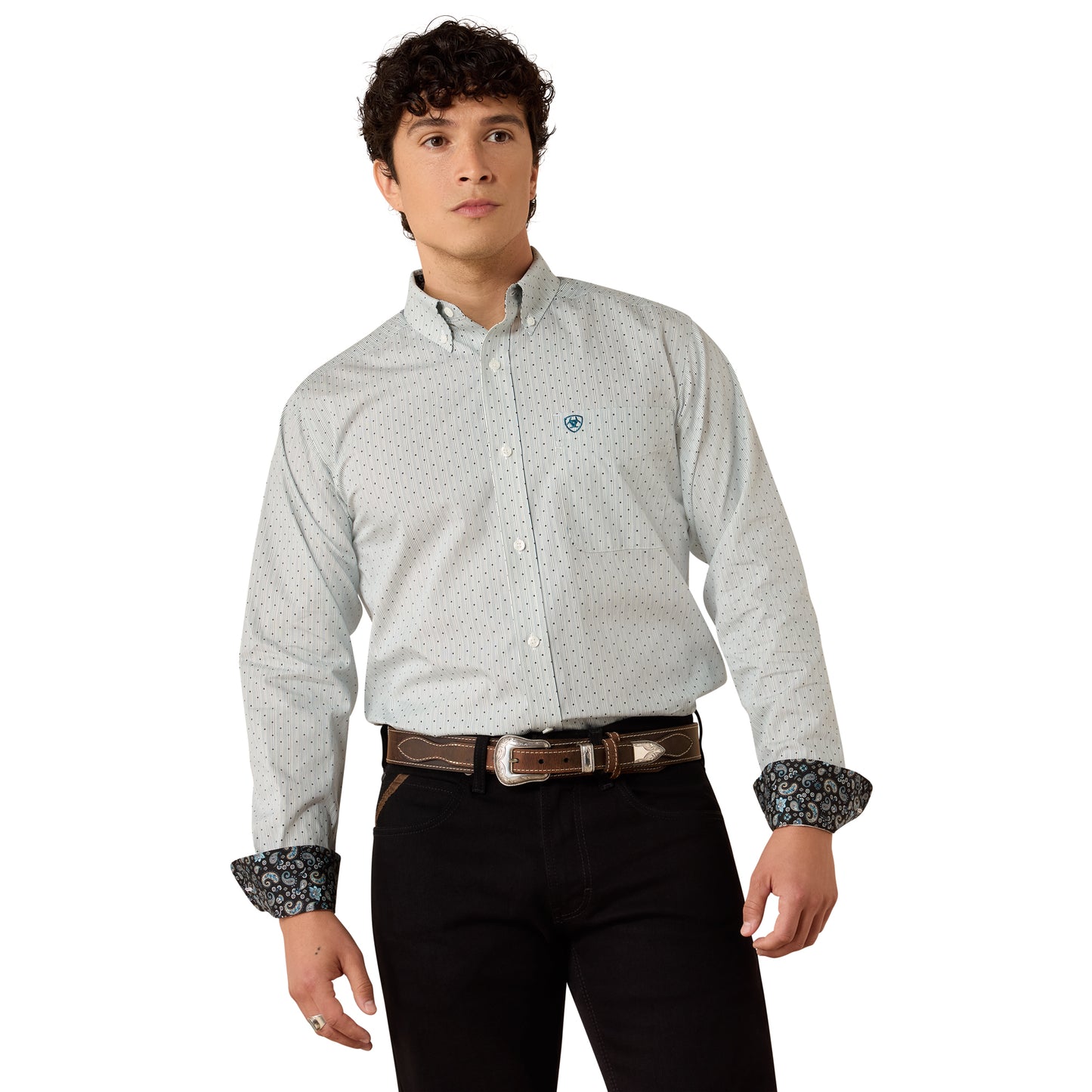 Ariat Men's Wrinkle Free Bryton Off White Dot Print Fitted Shirt 10079263