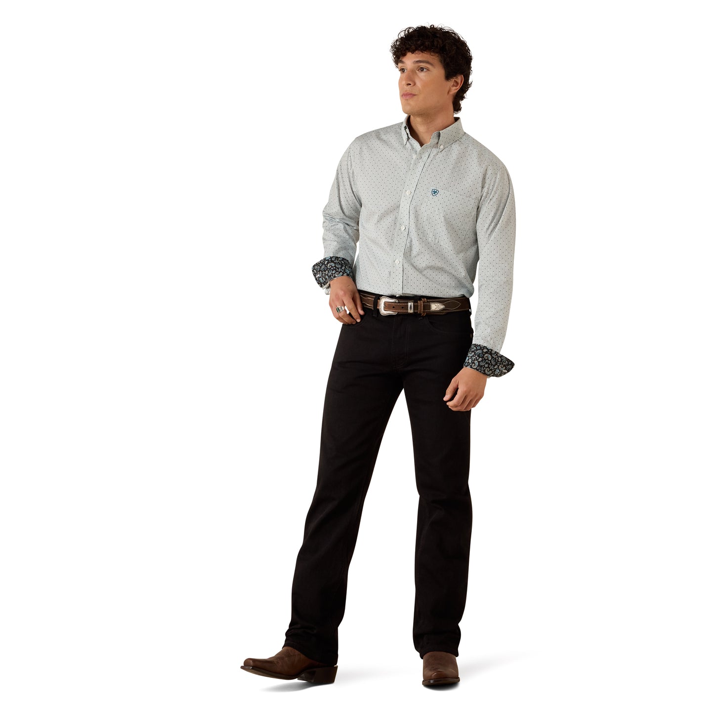 Ariat Men's Wrinkle Free Bryton Off White Dot Print Fitted Shirt 10079263