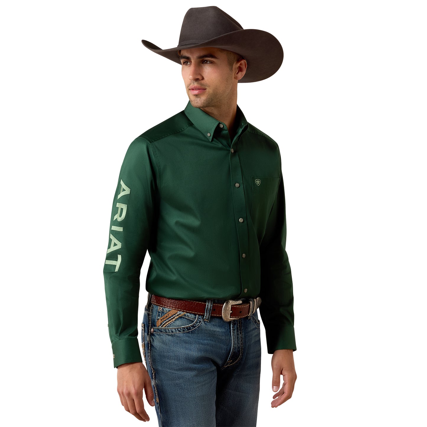 Ariat Men's  Logo Twill Pine Needle Green/Aspen Green Classic Fit Shirt 10079291