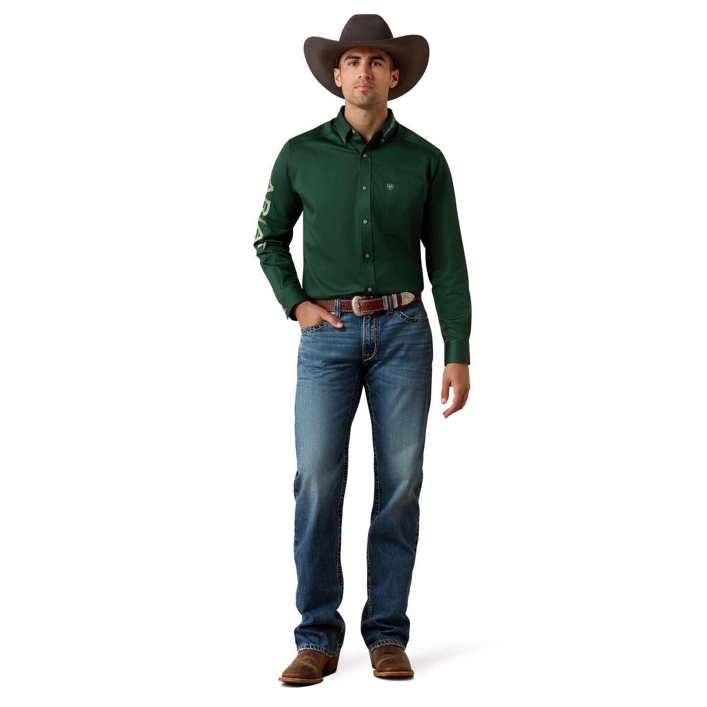 Ariat Men's  Logo Twill Pine Needle Green/Aspen Green Classic Fit Shirt 10079291