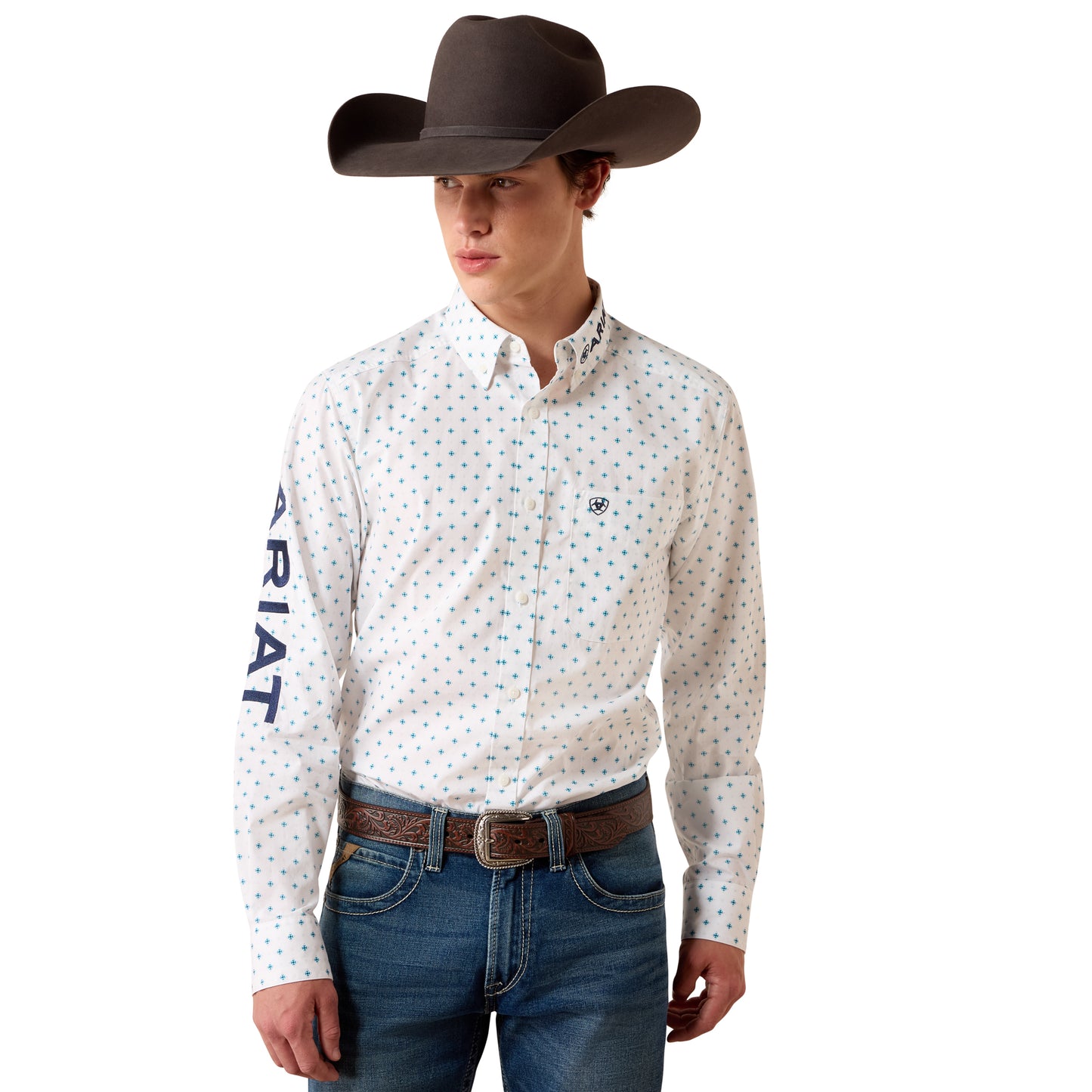 Ariat Men's Team Emory White Multi Geo Print Fitted Shirt 10079415