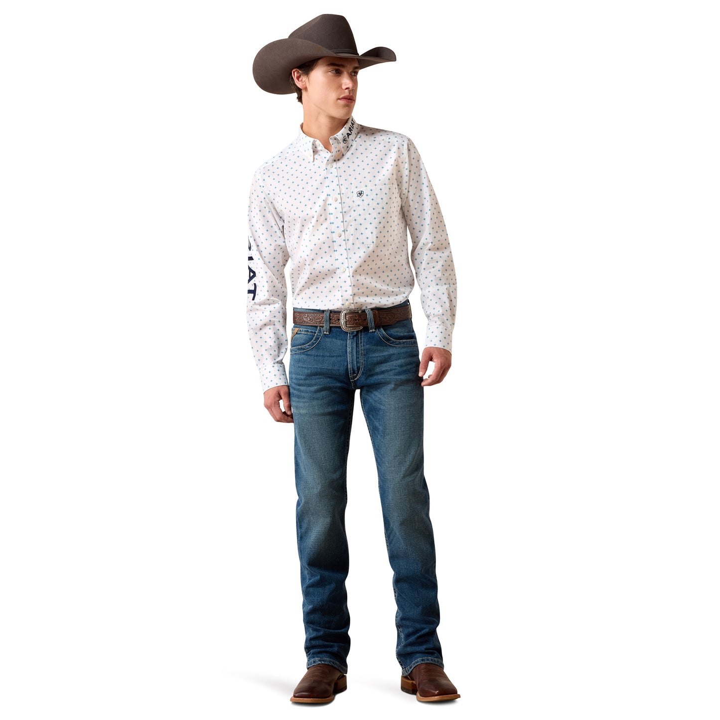 Ariat Men's Team Emory White Multi Geo Print Fitted Shirt 10079415