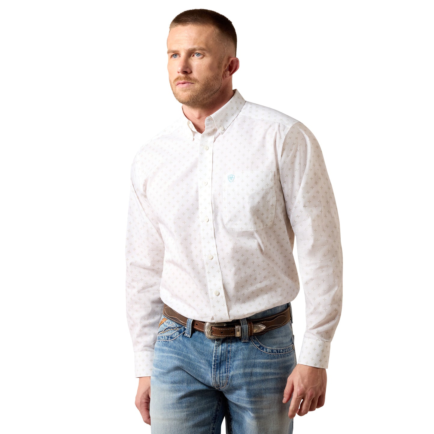 Ariat Men's Wrinkle Free Barlow White Geo Print Classic Fit Shirt 10079425