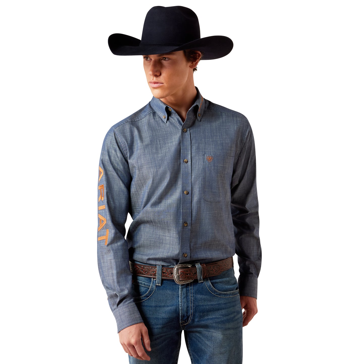 Ariat Men's Team Logo Twill Chambray Blue Fitted Shirt 10079641