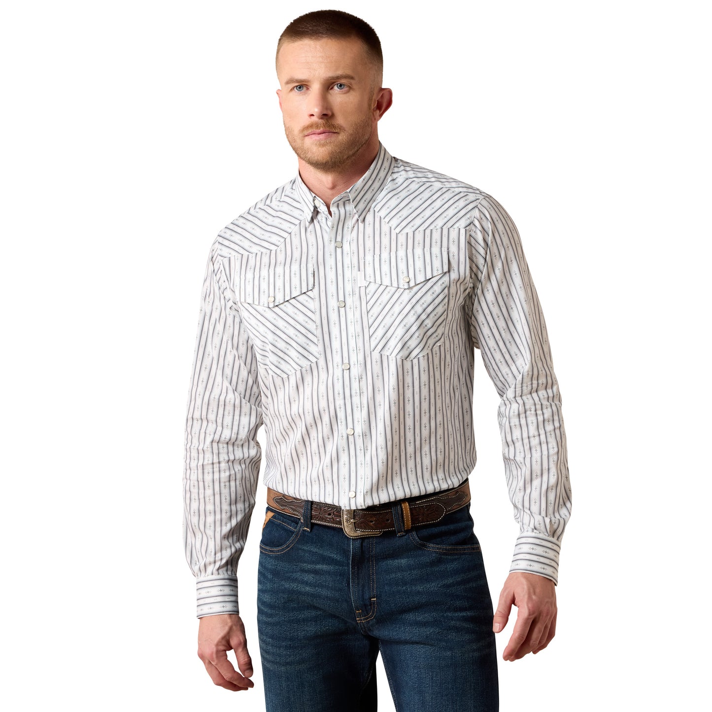 Ariat Men's Everything White Geo Stripe Classic Fit Snap Shirt 10079769