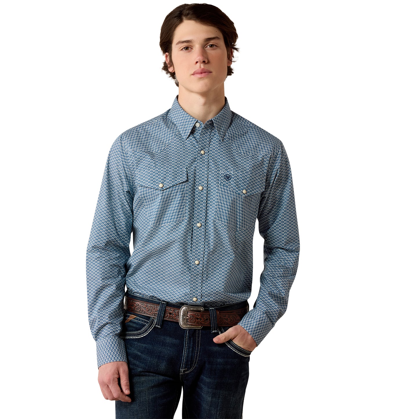 Ariat Men's Pheonix Majolica Blue Leaf Print Fitted Snap Shirt 10080597