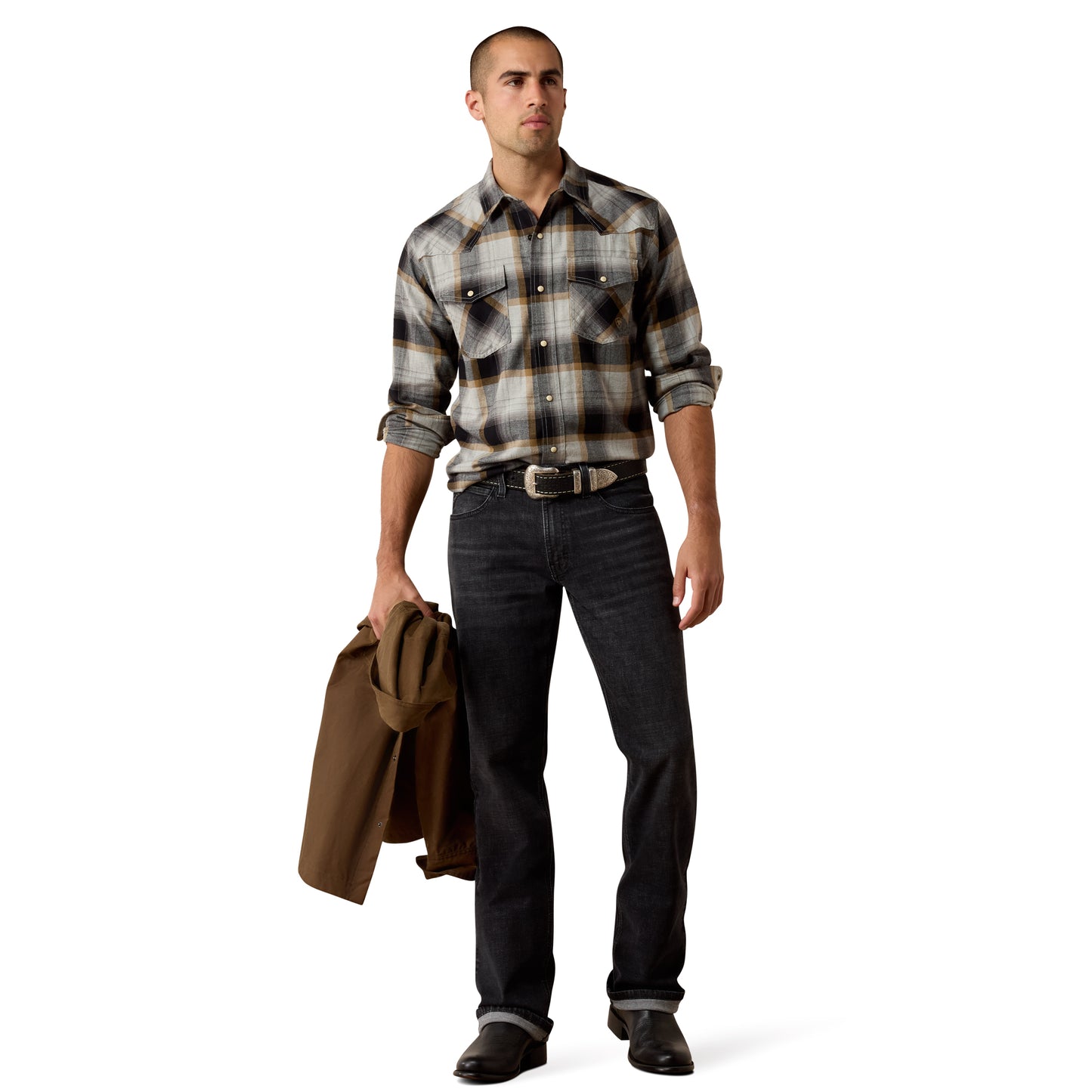 Ariat Men's Retro Heinz Grey Heather Plaid Fitted Snap Shirt 10080611